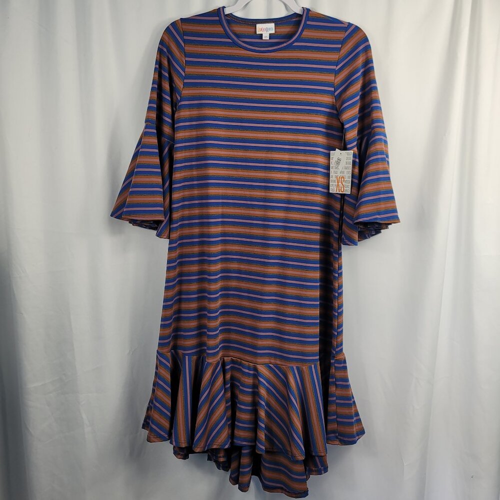 LuLaRoe Maurine Dress Size XS Blue Pink & Gray Stripe Bell Sleeves Ruffled Hem